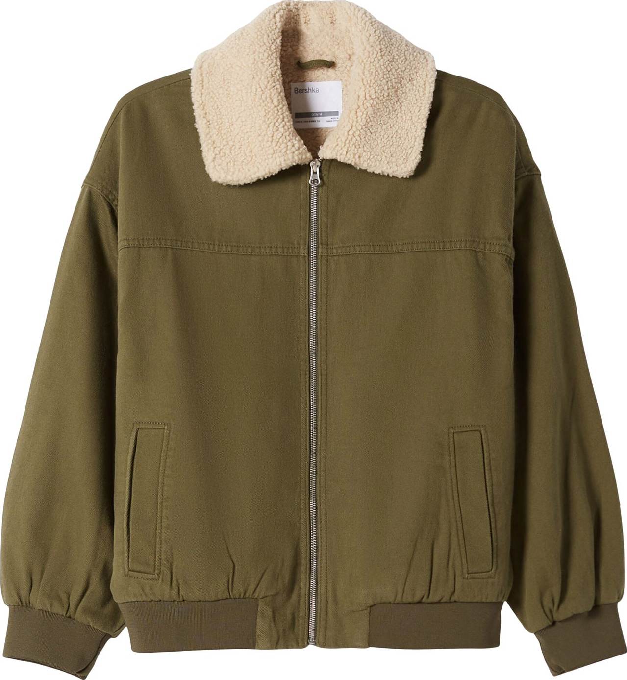 Bershka Přechodná bunda khaki / barva bílé vlny