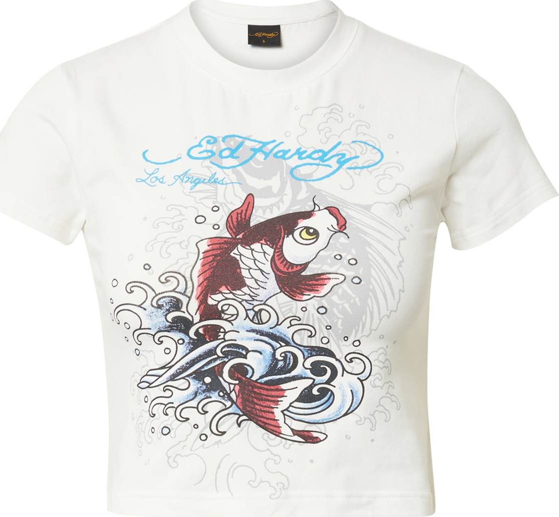 Ed Hardy Tričko 'KOI' světlemodrá / šedá / vínově červená / bílá