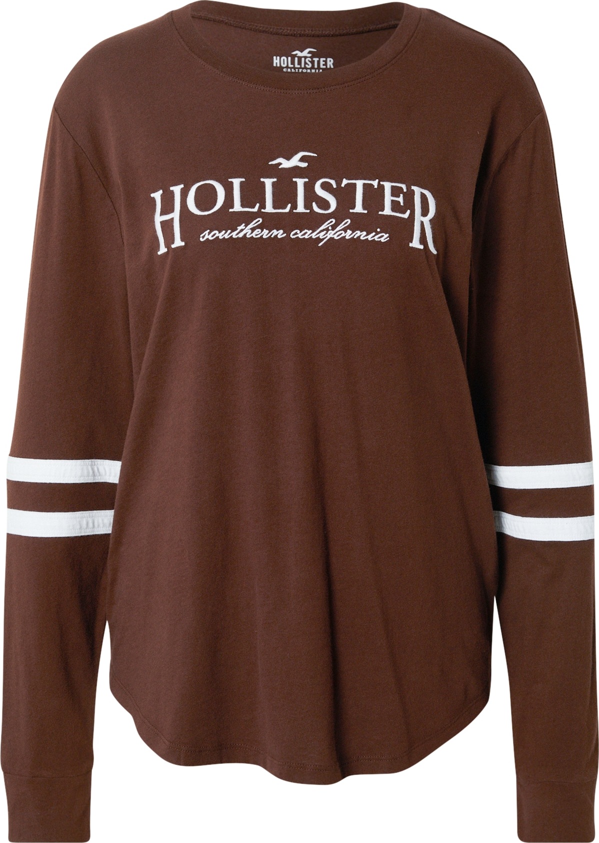 HOLLISTER Tričko tmavě hnědá / bílá