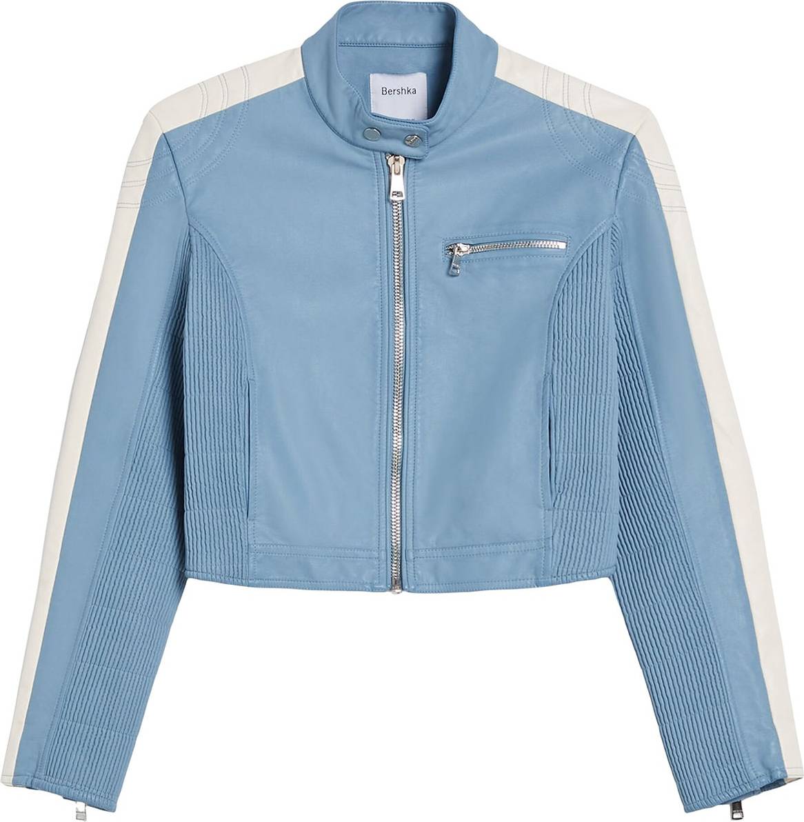 Bershka Přechodná bunda kouřově modrá / bílá
