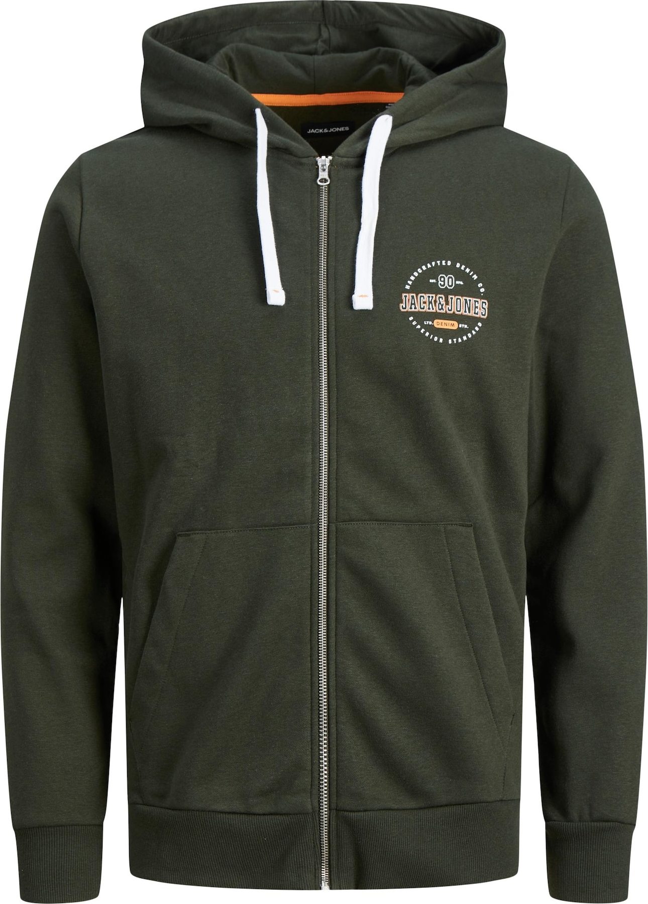 JACK & JONES Mikina 'STAMP' tmavě zelená / oranžová / bílá