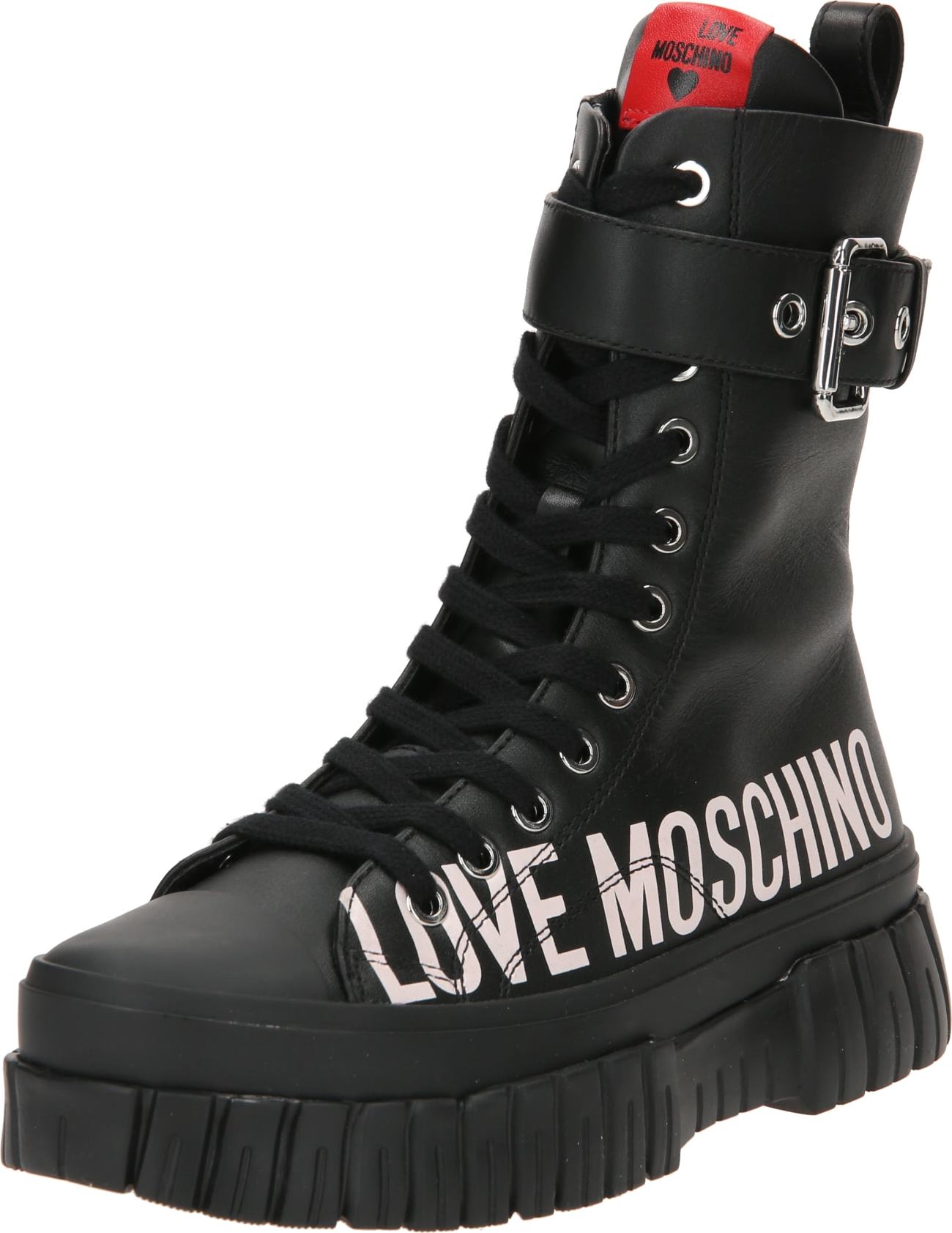 Love Moschino Šněrovací kozačky 'LOVELY LOVE' černá / bílá