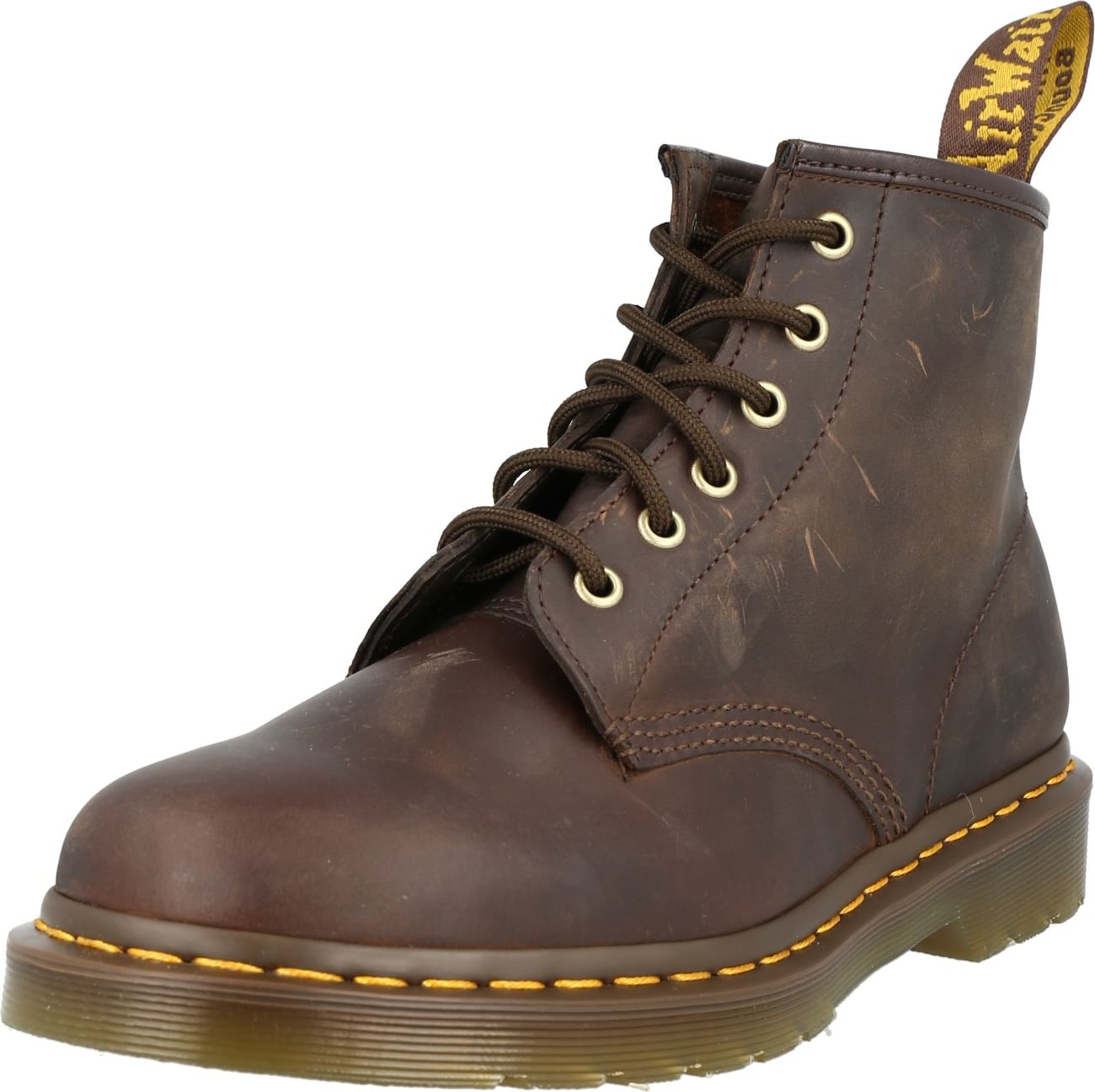 Šněrovací kozačky Dr. Martens tmavě hnědá / žlutá